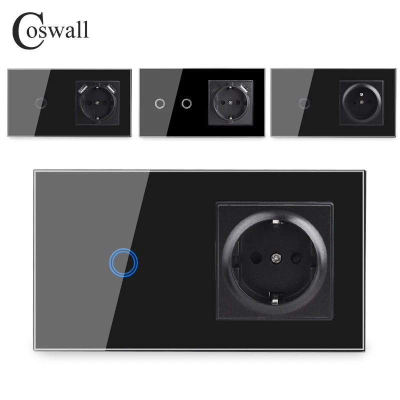 COSWALL HG Series Glass Panel 1 Gang 2 Gang Touch On / Off Wall Light Switch With Eu / French Polish Socket With Dual USB Black