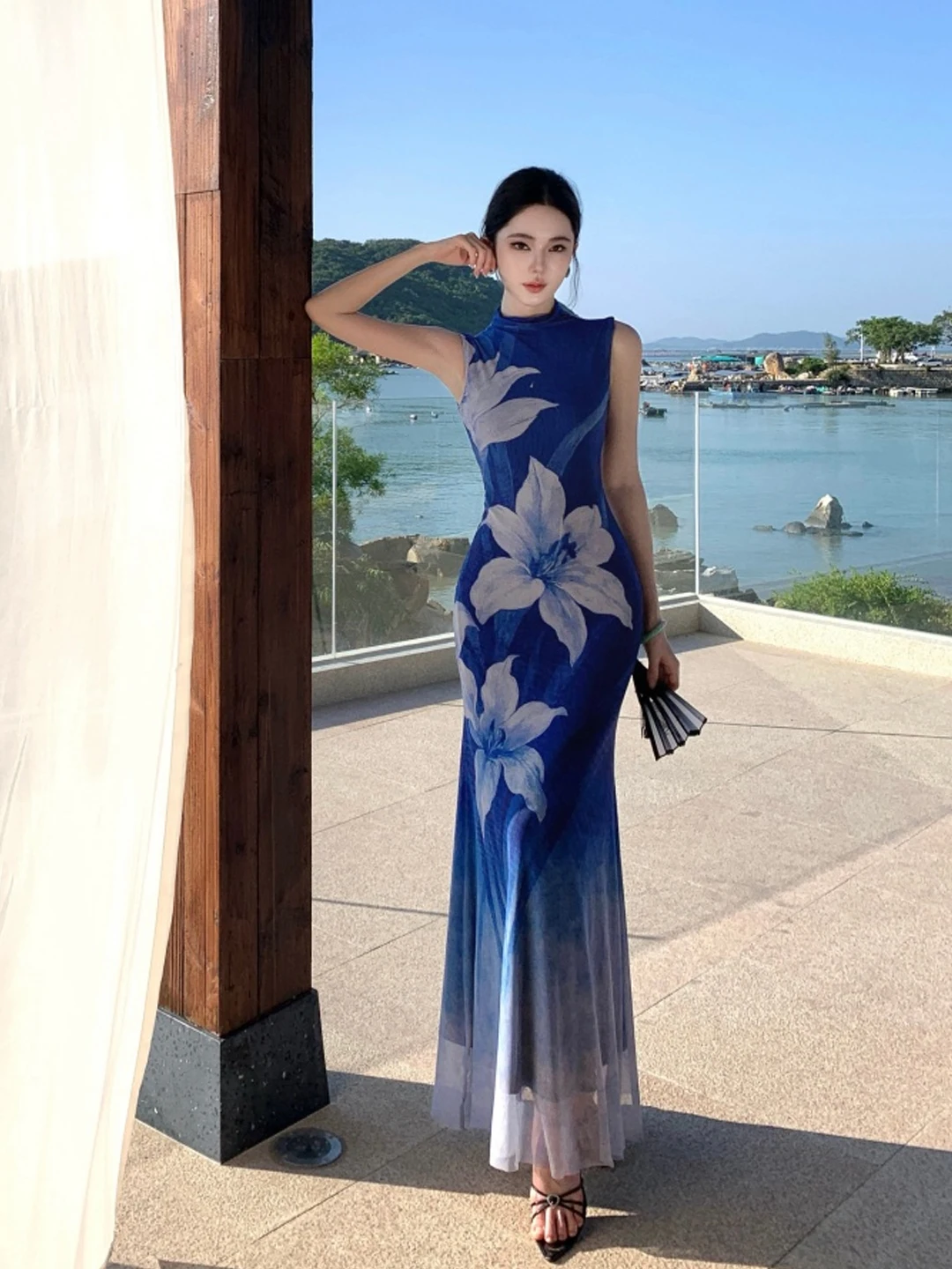 Bleu adient imprimé Fi Tail Qipao Dr Ele haut de gamme ajustement et jupe longue évasée Sle femmes été Faion respirant moi