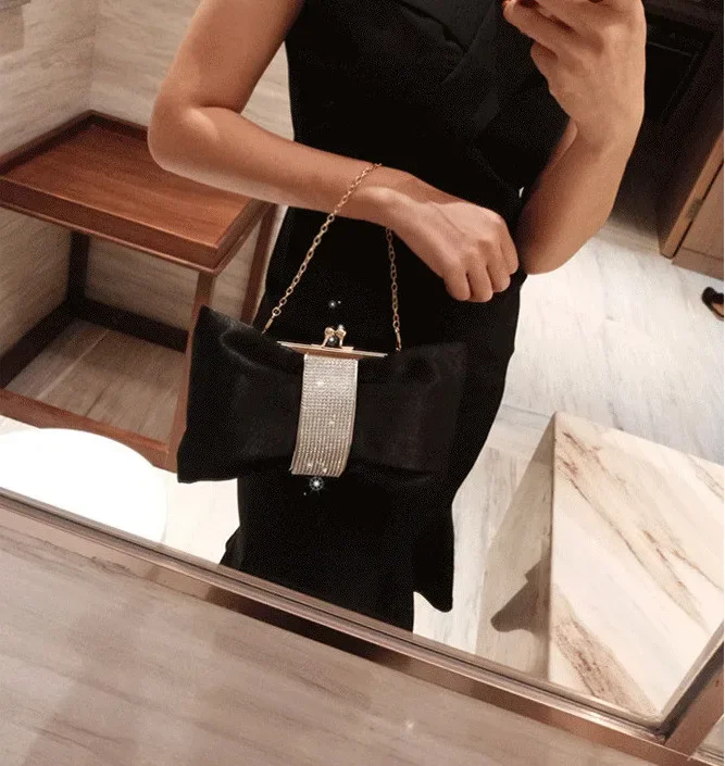 Bow women Cutch bag Luxury Party Satin Diamond Ladies Evening Bag lady Clutches small Chain messenger bags female wallet black - view 5