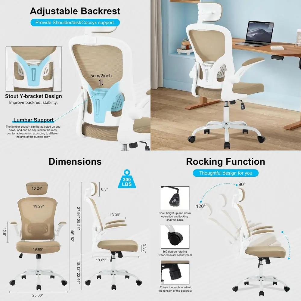 

Ergonomic High-Back Mesh Desk Chair with Flip-Up Armrests, Rolling Office Chair for Home and Work, White & Khaki