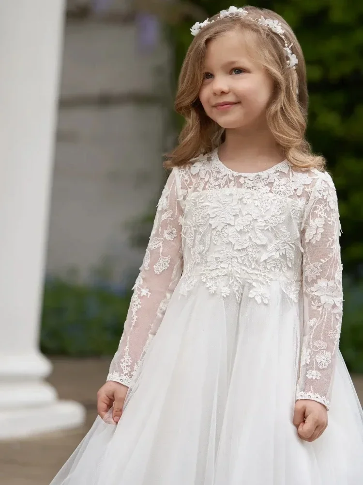 White Tulle Flory Pattern Long Sleeve For Wedding Birthday Party Banquet Princess Gowns Flower Girl Dresses baby girl dress