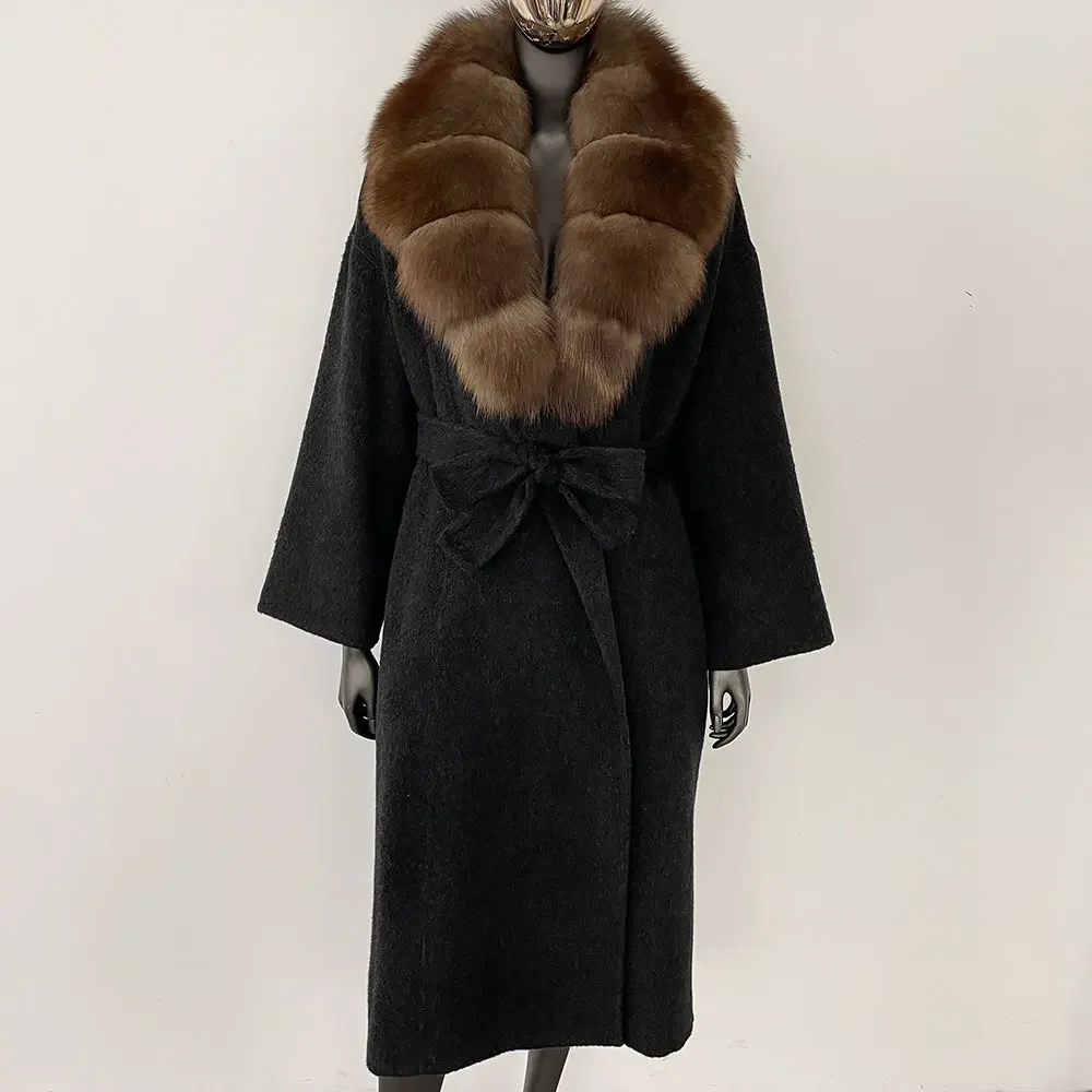 Natural gola de pele de raposa jaqueta com capuz casaco de pele real inverno feminino cashmere lã mistura casaco 2024 novo oversize senhoras outerwear