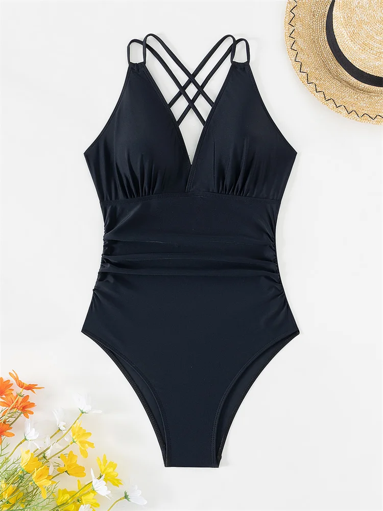 One Piece Swimsuit Women 2024 New V Neck Sling Swimwear Sexy Monokini Bodysuit Bathing Suit Female Summer Backless Beach Wear