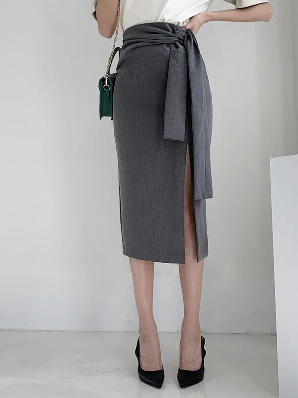 Gonna longuette a vita alta Ele da donna Faionable Versatile f-lunghezza Primavera Semplice Chic Gonna snellente con cintura con cravatta laterale