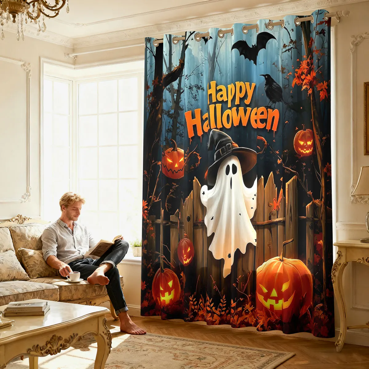 1PC Halloween Ghost Pumpkin Bat Pattern Single Loop Curtain For Living Room Bedroom Door Window Stylish Home Ornament view 4