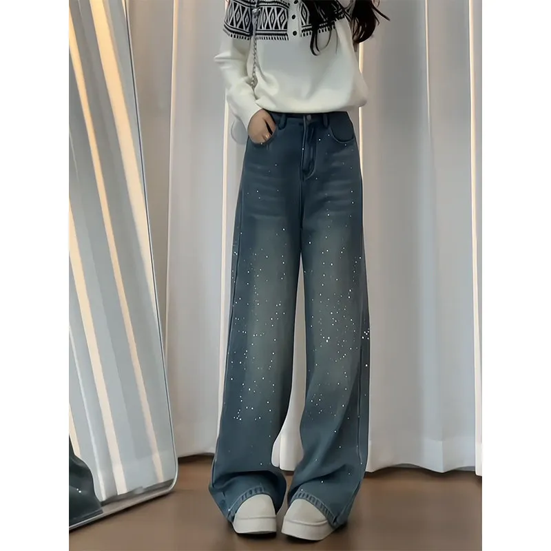 

Брюки женские широкие прямые с высокой талией, на флисовой подкладке, с блестящим алмазным дизайном, больших размеров, длиной в пол, весна 2026, новинка