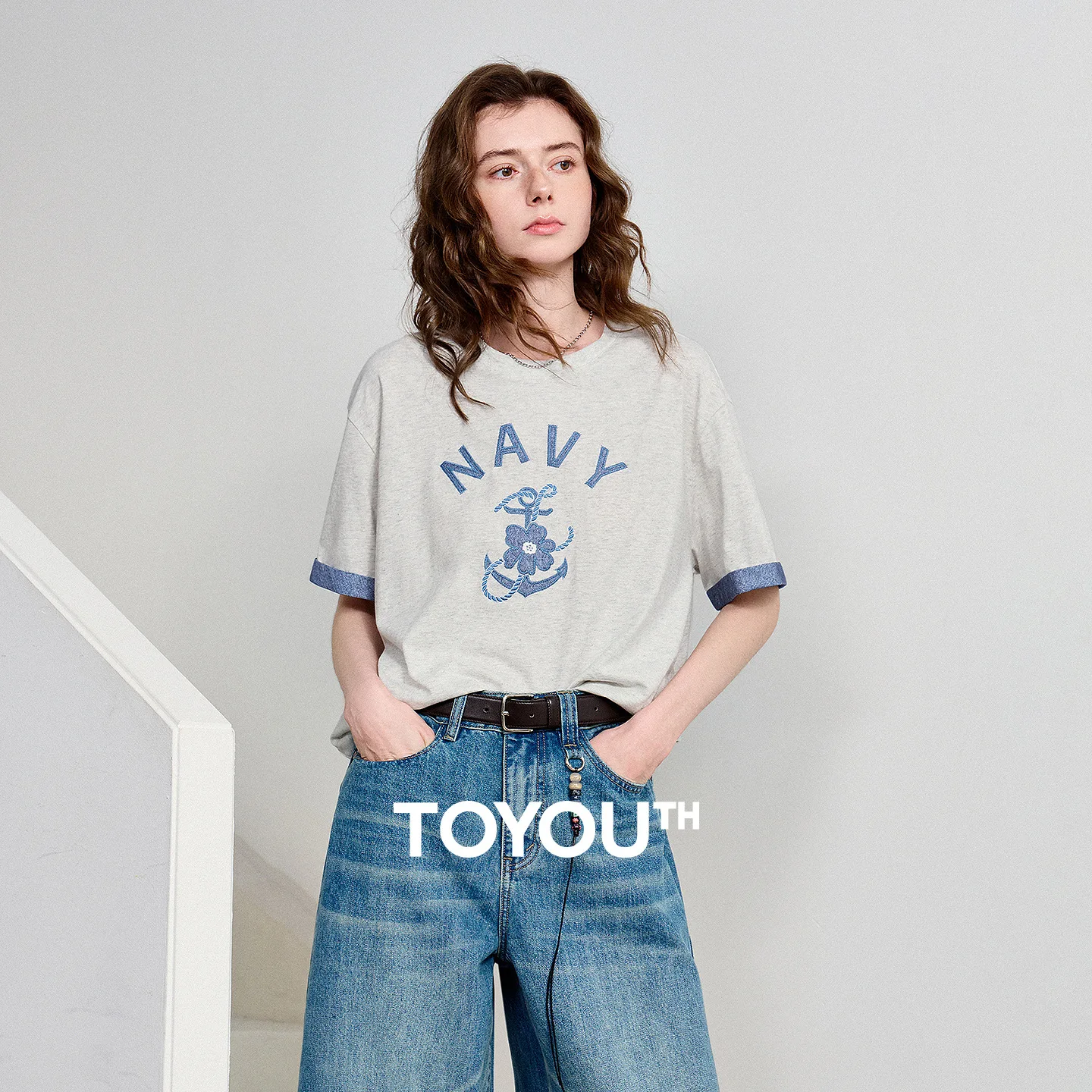T-shirt en coton antibactérien pour femme TOYOUTH, nouvelle collection été 2026, style nautique, broderie ancre en jean, coupe ample amincissante