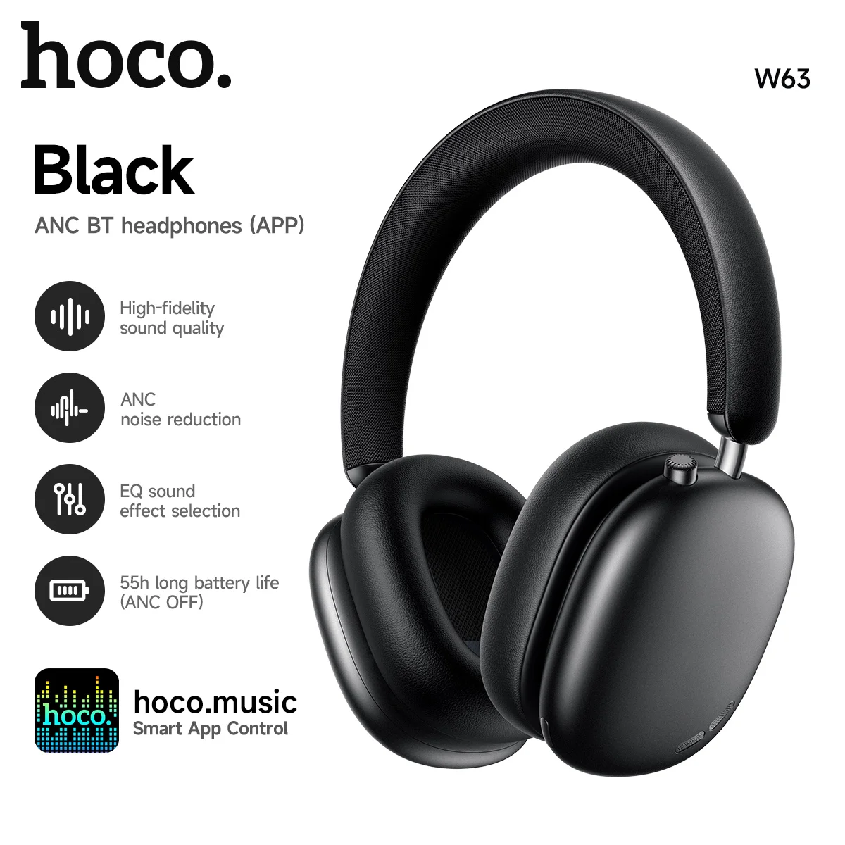 HOCO W63 Over Ear ANC Noise Reduction BT Headphones Wireless Headsets with APP Function with Mic for Iphone Samsung Phone Call