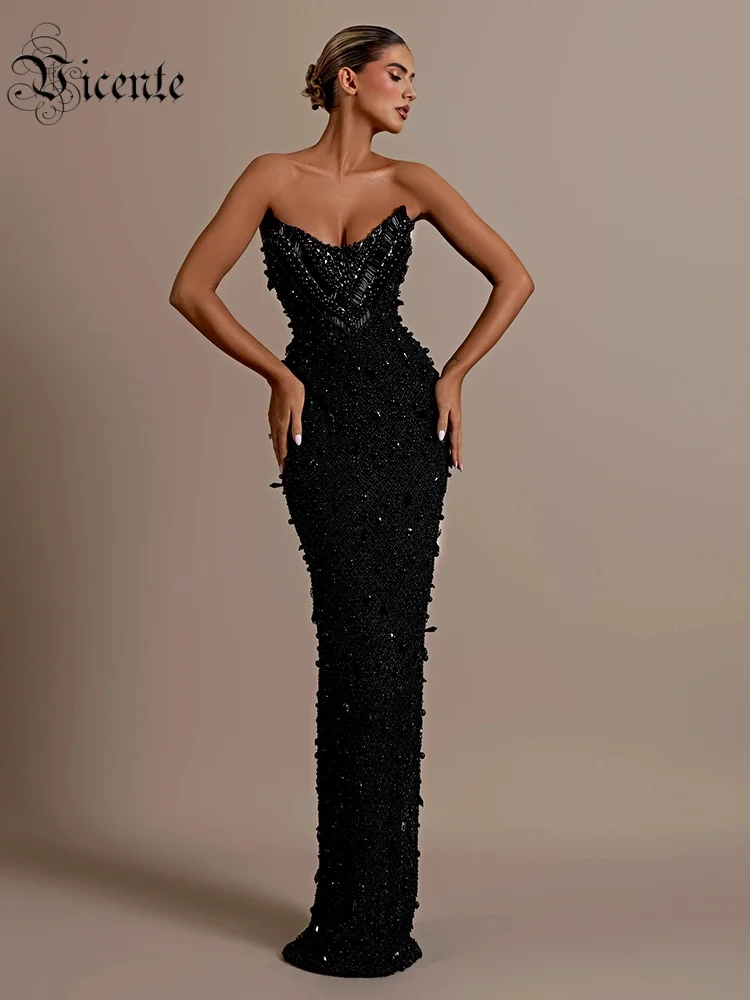 VC Atemberaubendes trägerloses ärmelloses schwarzes Kristall-Paillettenkleid, luxuriöses Party-Abendkleid