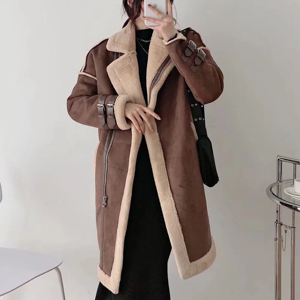 2023 Winter Women Fake Lambswool Long Coat Elegant Warm Long Suede Jacket Women Casual Brown Coats Femme Overcoat Streetwear