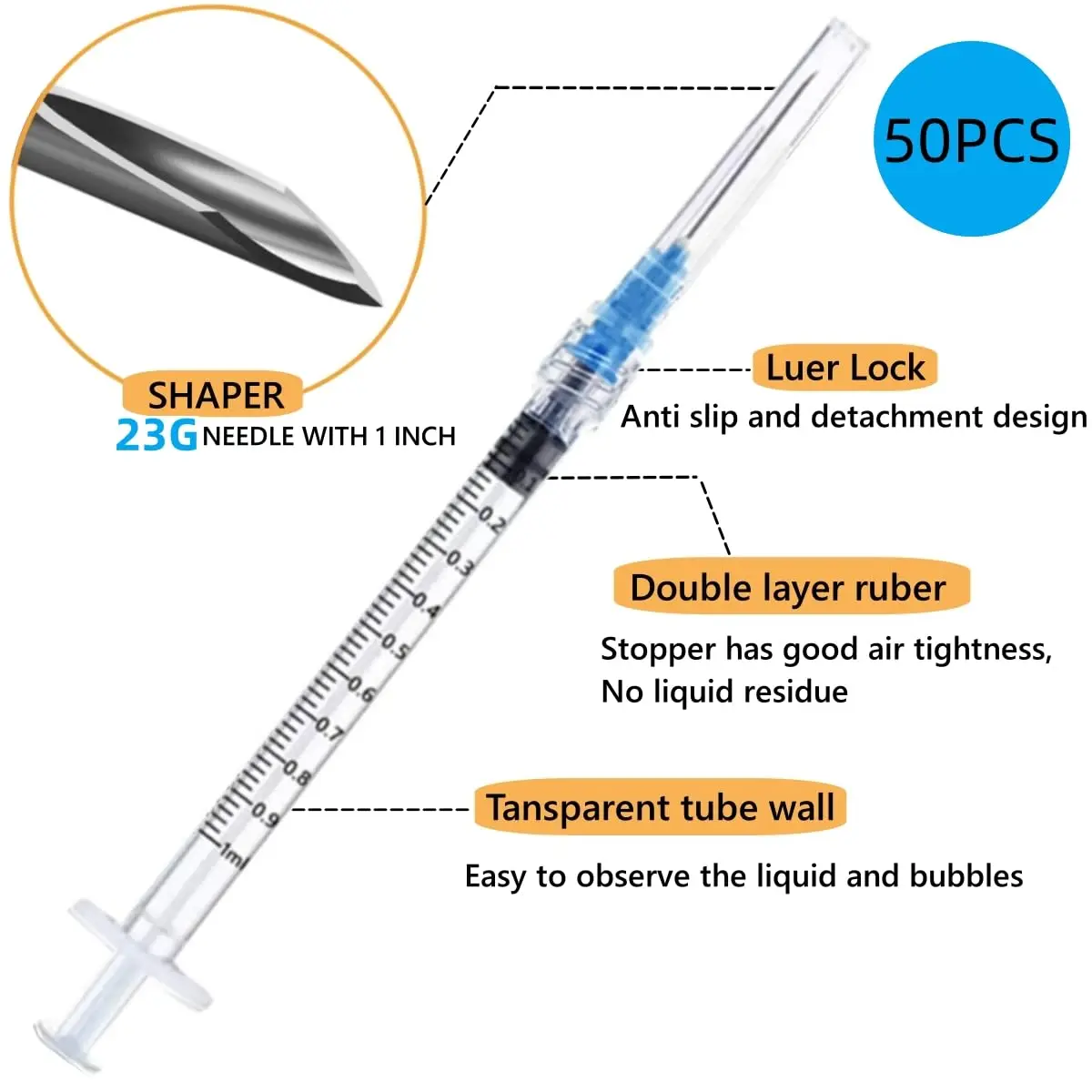 50 Pieces of 1Cc Luer Lock Syringes with 23g, 1inch-Point Needles, Anti-Slip and Anti-Detachment Connectors, Clear Scale Markings, for Laboratory Pipetting, Ink Dispensing, Pet Medication Administration, and Liquid Transfer