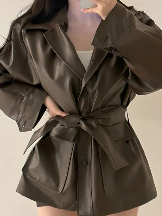 Chic Autumn Winter PU Leather Jaet Stand Collar Medium Length Trendy Women's Faion Outerwear Casual Sle Long Sve