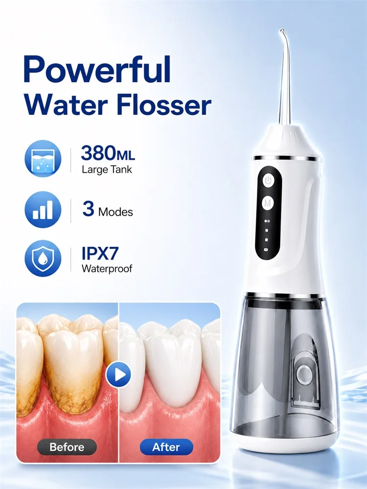 

Water Flosser Oral Irrigator Cordless 380ml Type-C Rechargeable Irrigador Bucal 3 Modes 4 Nozzles Teeth Cleaner for Braces