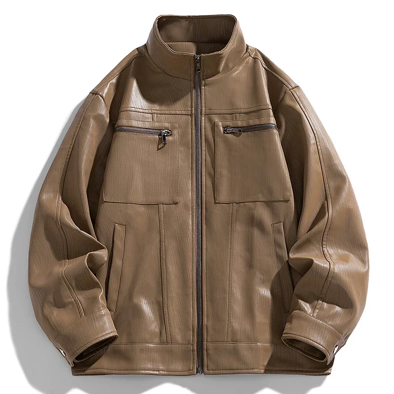 Mens Golf Casual Leather Jacket Stand Collar Windproof Lightweight Slim Fit Golf Course Sports Casual Mens Outerwear Coat