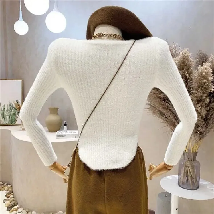 Mink Cashmere Sweet Crop Top Sueters Mohair Pullover Pink Sweater Mujer Jumper  Knitted Y2k Women Sweaters Slim Korean Style