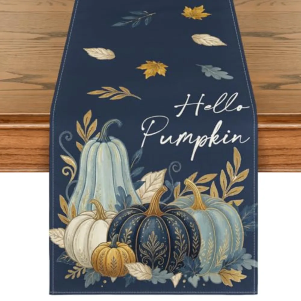 Autumn Table Runner Hello Pumpkin Letters Cloth Polyester Long Placemat Fall Harvest Dark Blue Holiday Dinner Decor