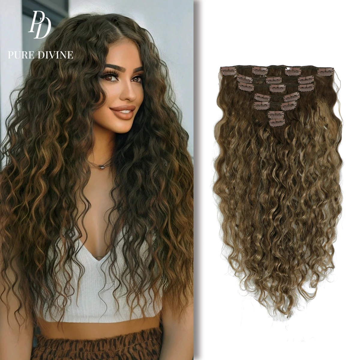 

Накладные кудрявые пряди из натуральных волос с балаяжем: от темно-коричневого до светло-коричневого, Pure Divine Remy Virgin Hair Clip Ins, 80-115 г