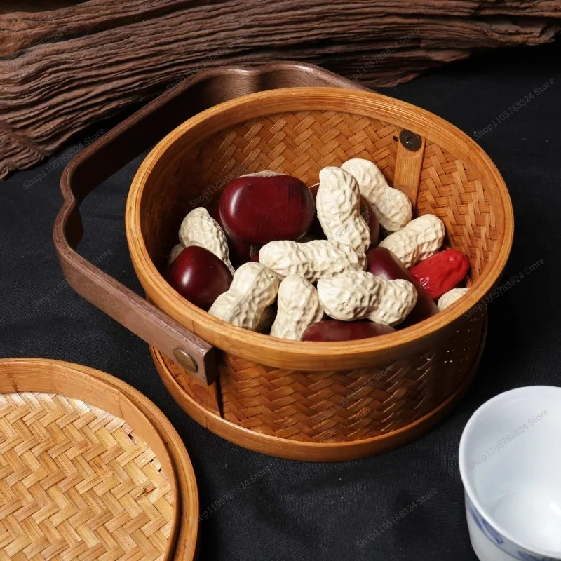 For handmade lacquered bamboo woven mini small basket creative retro dim sum basket zen covered storage basket