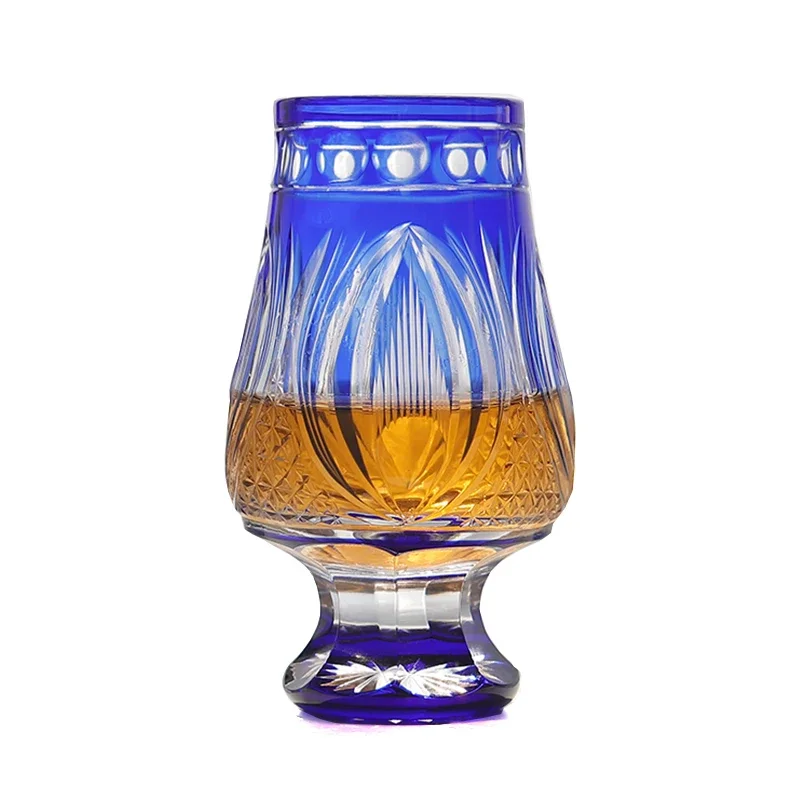 Hand Cut Cobalt  Edo Kiriko Glencairn Whiskey Glass 180ml Overlay Crystal Tasting Snifter Cup Luxury Brandy Cognac Glassware