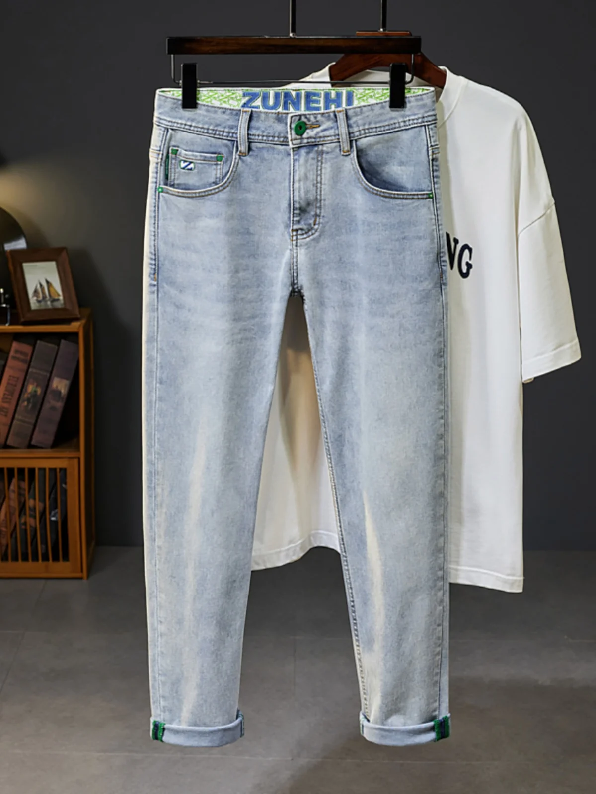 

Youthful Slim Fit Men's Jeans Trendy Korean Style Elastic Diagonal Pattern Versatile Spring Summer New Arrival Casual Long Pants