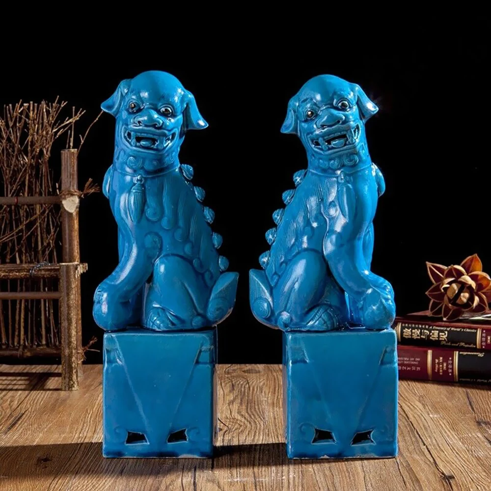 1 Pair Chinese Jingdezhen Ceramics Porcelain Blue Foo Fu Dog Guardion Lion Statue for Desktop Car Ornaments