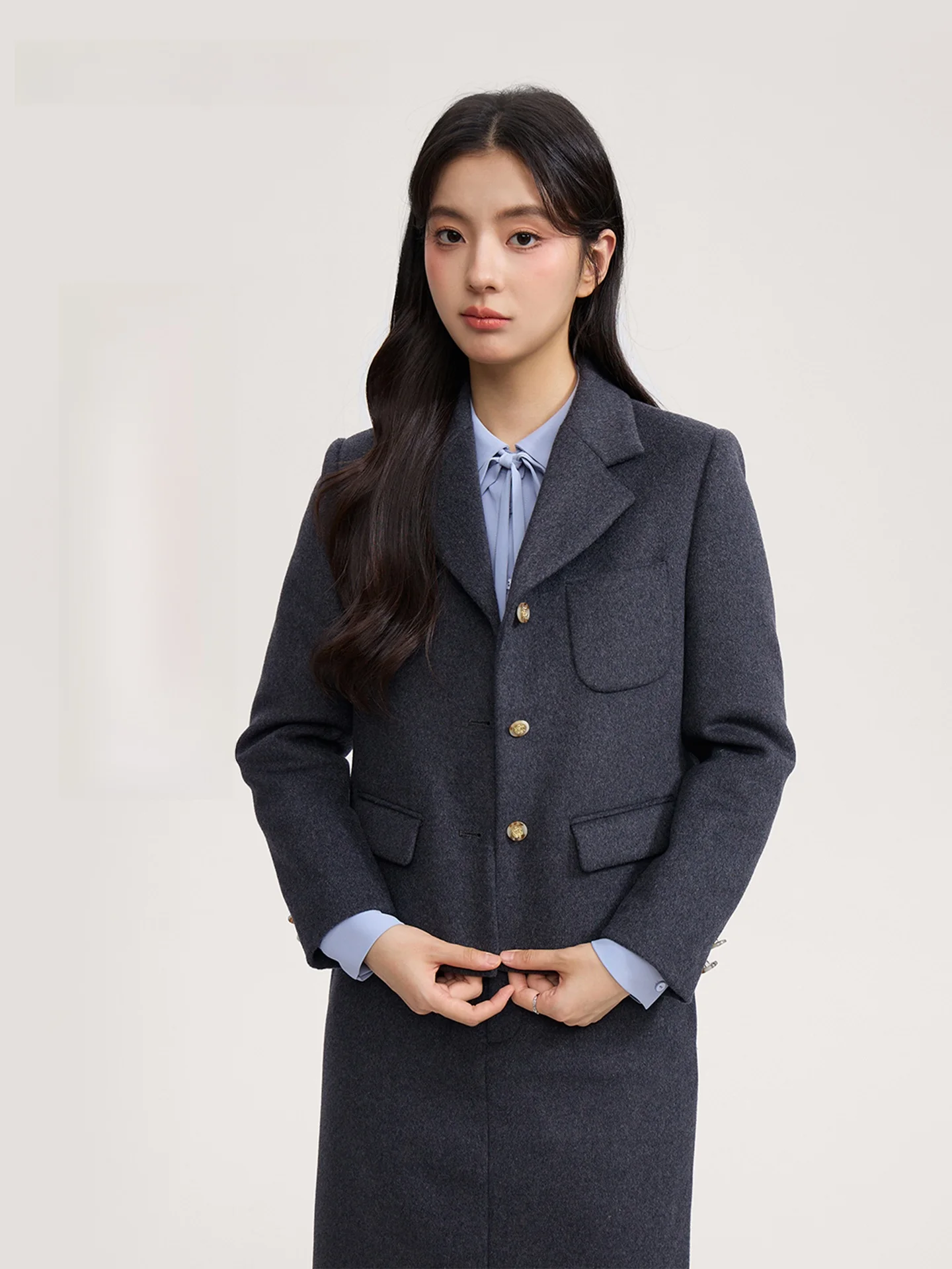 グッドヤンググレーレディース厚手ショート丈ピュアウールスーツAラインスカート通勤コートスタンダードスタイルボタンポケット加工