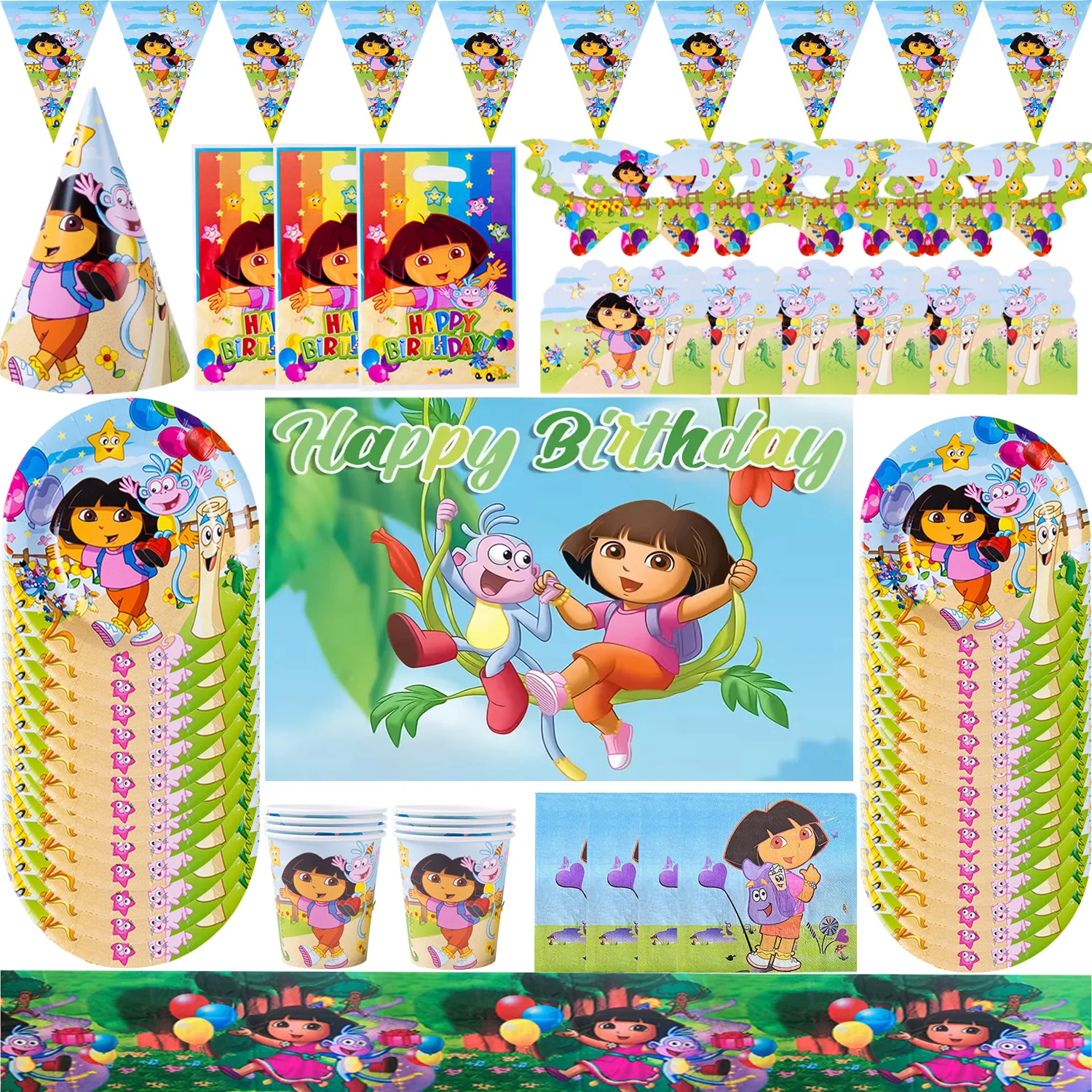 Cartoon&DORAED&Girls Birthday Party Tableware Decor Paper Plate Cup Napkin Hat Balloon Monkey Backdrops for Kids Party Supplies