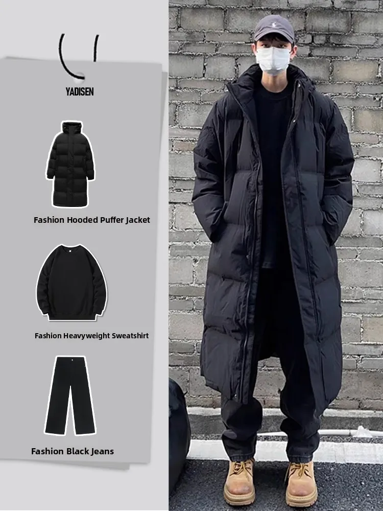 

Bla Hooded Mid-Length down Cotton Jaet Thi Winter Set Men's High-End Feeling Cool Coat Knee-Length Coat Youth Trend