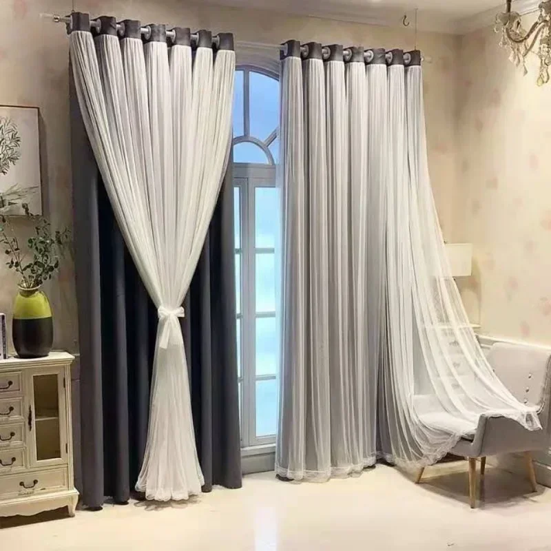 

N1125Bedroom blackout simple curtains finished living room bay window white gauze