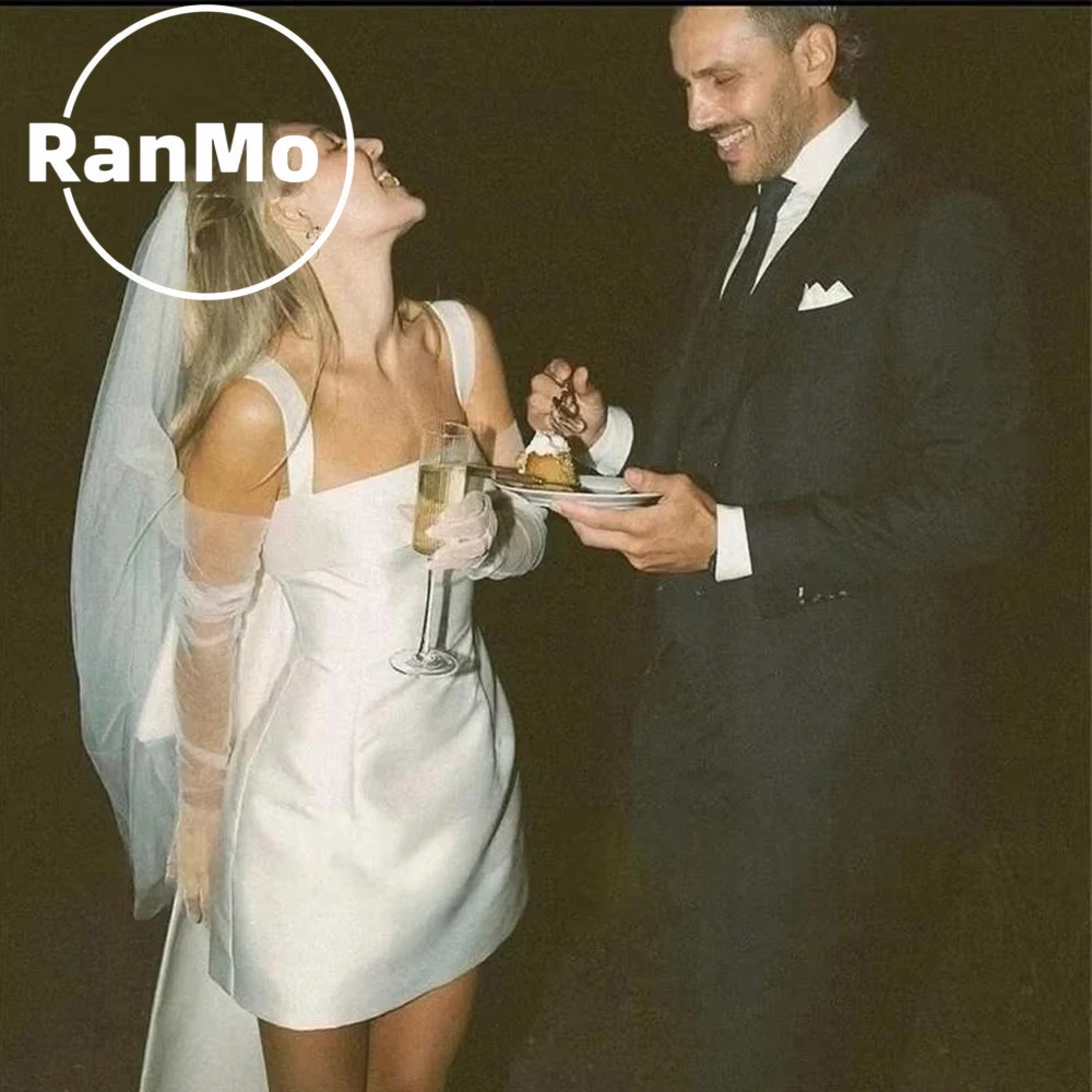 Ranmo Customized Simple Straps Square Collar Satin Short Wedding Dress Backless Mini Above Knee Bridal Detachable Bow Gown 2026