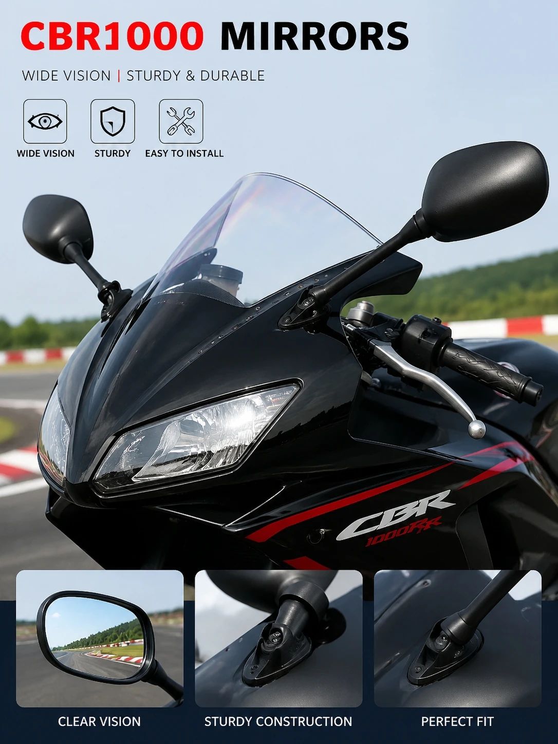 Motorcycle Wide Angle Rearview Mirrors Fit Honda CBR1000 Horizon Sportbike Matte Black Replacement Side View Accessories