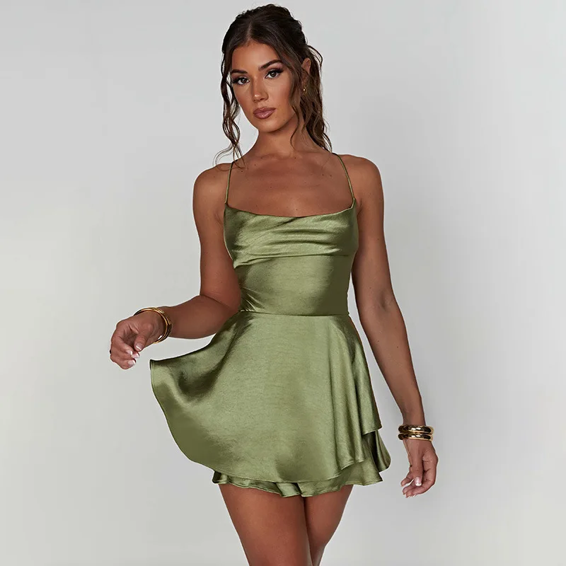 

2026 Summer New Fashionable French Sexy Spicy Girl Style High Waist Collar Back Strap Skirt Satin A-line Short Skirt for Women