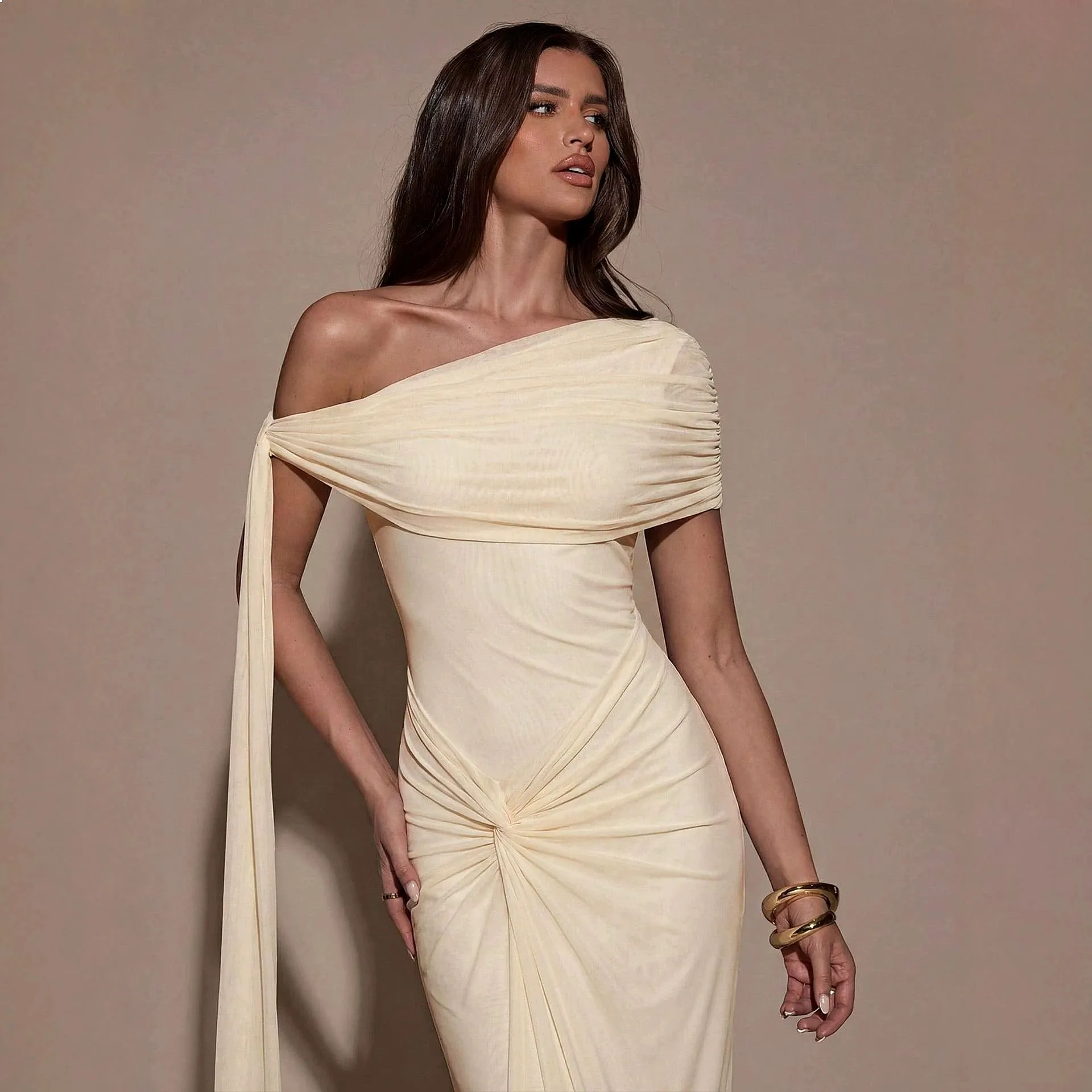 Women's One Shoulder Irregular Long Dress Summer Bodycon Ruffled Midi Dress