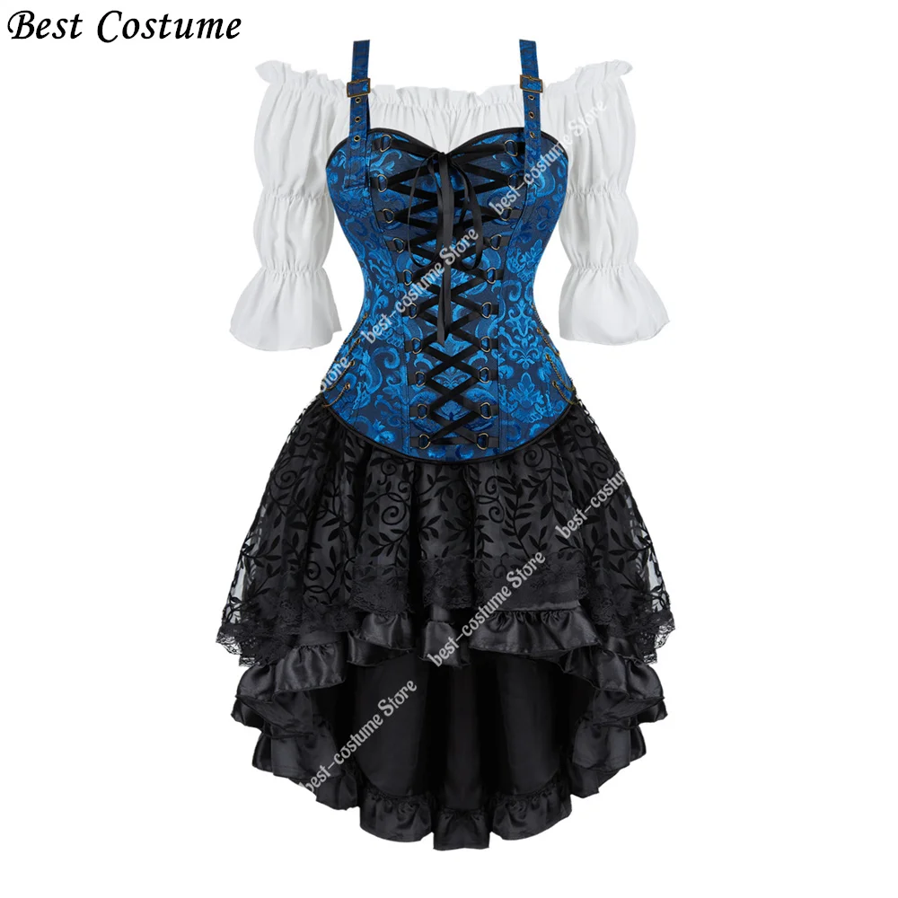 Pirate Corset Dress Three Piece Sets Black Gothic Corset Top Lace Up Sexy Steampunk Costume Skirt Corset Plus Size S-6Xl