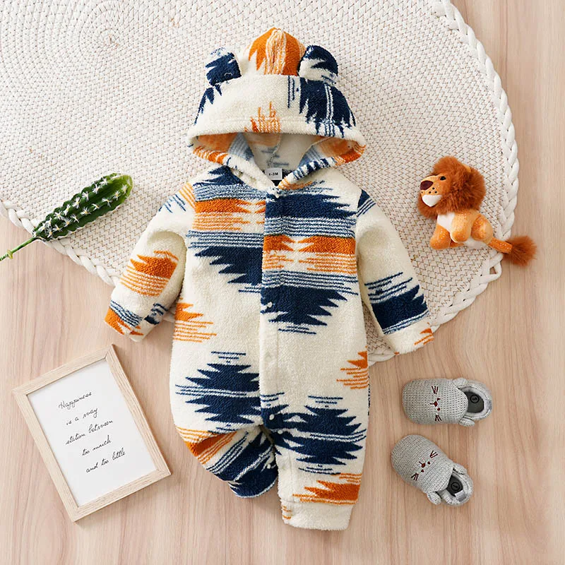 

Newborn Baby Romper Winter Christmas 0-18 months Grid Ethnic Fair Isle Style Hooded with Ears Long Sleeve Newborn One Piece Suit