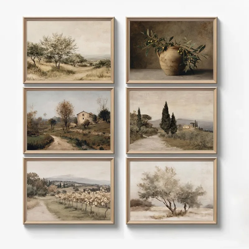 Vintage Rustic Italian Tuscan Scenery Olive Tree Neutral Poster Canvas Painting Wall Art Pictures Home Farmhouse Decor