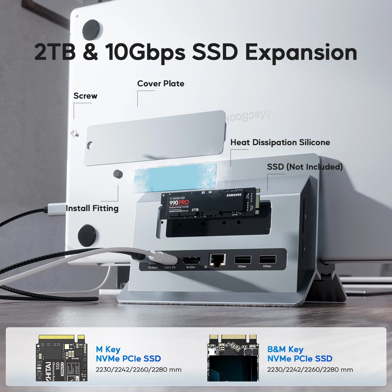 M.2 SSD 확장, HD 4K, RJ45, USB-C, 모든 기능을 갖춘 Type-C 노트북을 위한 USB-A 2개를 갖춘 PULWTOP 수직형 노트북 도킹 스테이션
