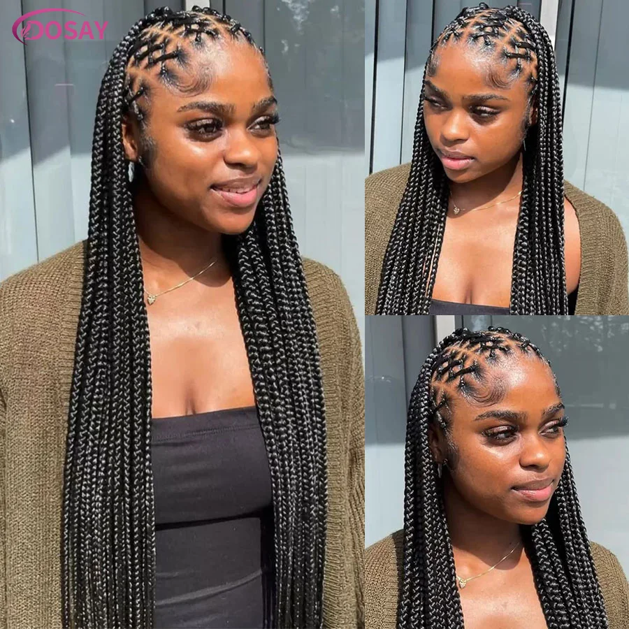 36'' Synthetic Full Lace Braids Wig For Black Women Criss Cross Cornrow Braided Wig Lace Frontal Box Braiding Wig With Baby Hair