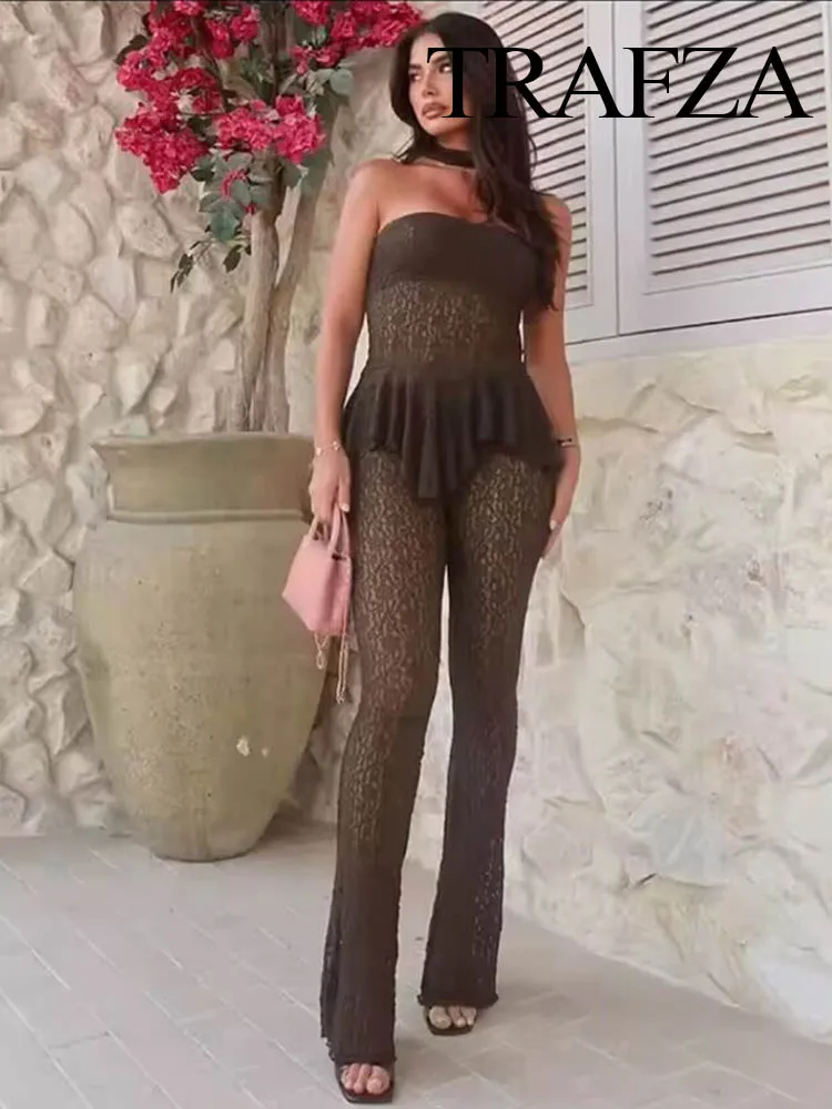 

TRAFZA Women New Fashion Lace Sleeveless Backless Hollow Pleated Design Top+Summer High Elastic Waist Slim Trousers 2-Piece Set