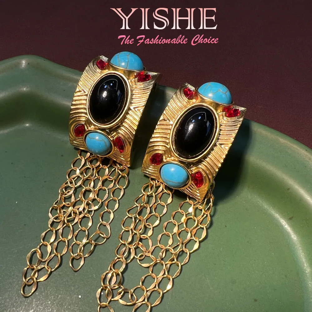 Western antique vintage tassel C-shaped earrings turquoise copper plating real gold marking fashion personality medieval style