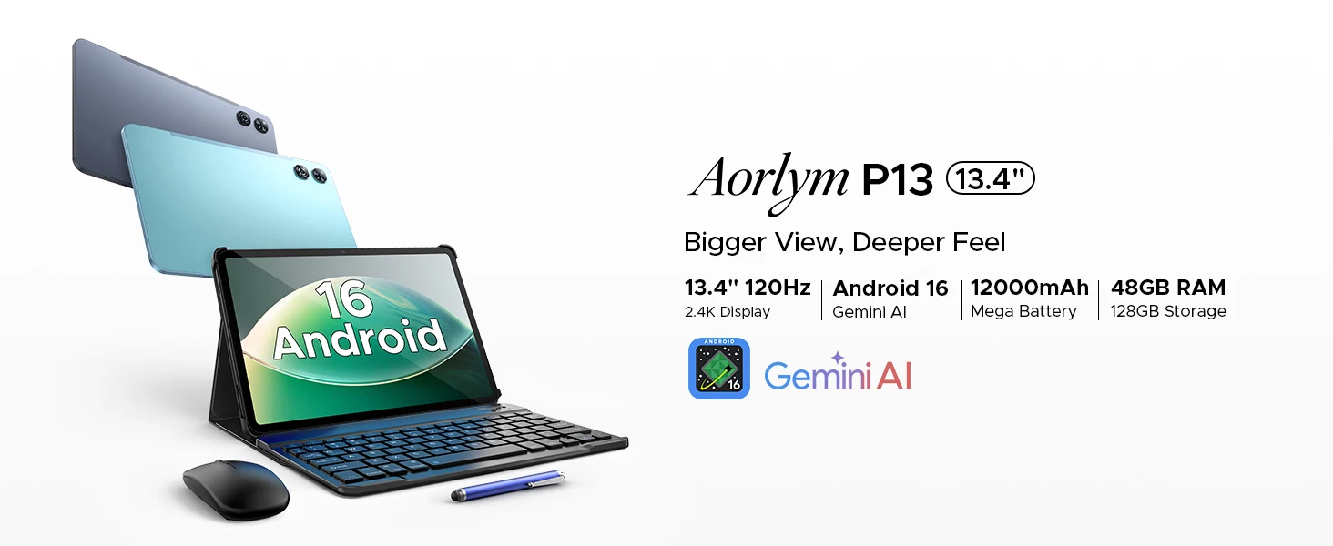 DOOGEE AORLYM P13 Tablet 48GB+128GB Gemini AI 13.4" 2.4K 120Hz Display 12000mAh Large Battery UNISOC T7280 Widevine L1 Android 16 Smart Pad