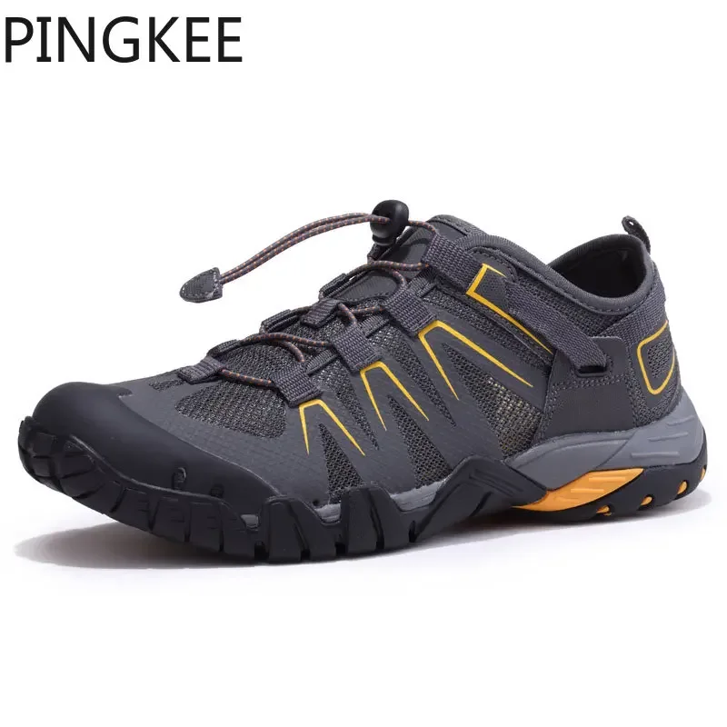 

PINGKEE Lace-lock Bungee Cord Water Drainage Holes Cushioned Support Ultra Lightweight Mesh Rubber Footbed Aqua Hiking Men Shoes