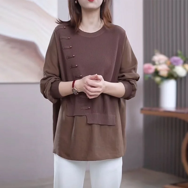 

Women's New Spliced pullover Round Neck Button Fashion Solid Color Fake Two-piece Knitted Loose Long-sleeved Top