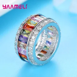 Ring for Women Ladies Statement Wide 925 Sterling Silver Band Baguette Princess Cut Rainbow Cubic Zirconia Jewelry Drop Shipping