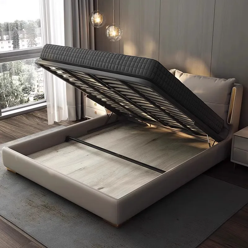 سرير جلدي صامت فاخر وخفيف الوزن وحديث وبسيط من الخشب الصلب الأوروبي وغرفة نوم رئيسية مزدوجة في الغلاف الجوي #3