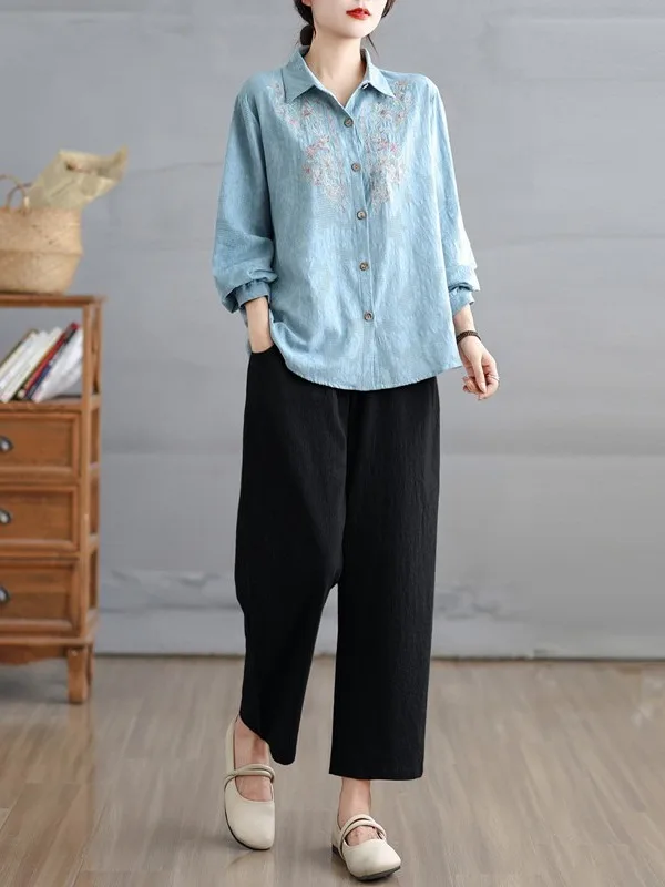 자수 장식이 있는 엘리 코튼 린넨 투피스 세트와 플러스 사이즈 여성용 신축성 있는 허리 캐주얼 하란 팬츠