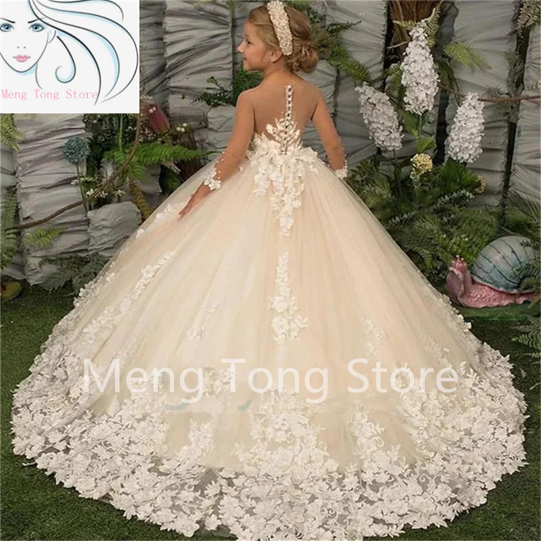 Eleganz Blumen mädchen Kleid drei Viertel ärmel Applikation Kinder Hochzeits feier Kleider neue Kinder Kleidung Prinzessin Erstkommunion