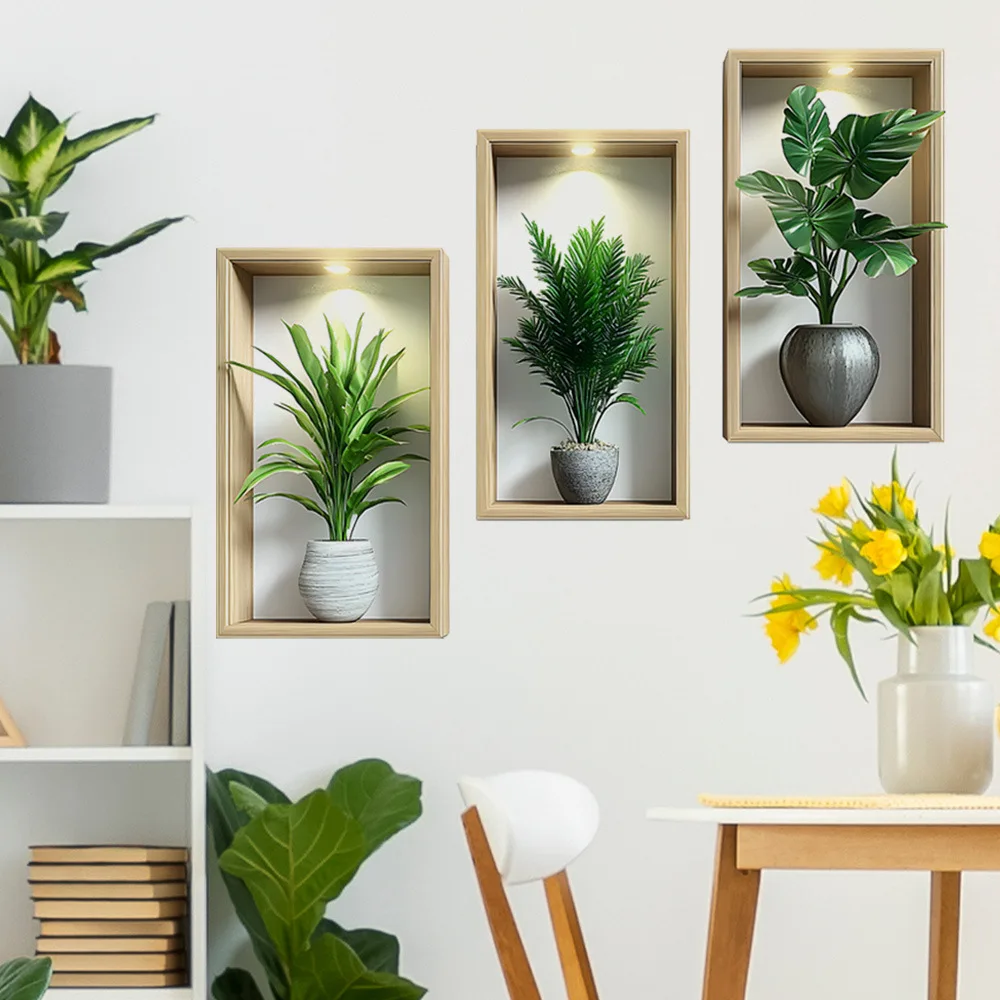 Green Plants Wall Sticker Potted Mural Simulation Painting for Living Room Home Decor Background Wall Art Removable Decals
