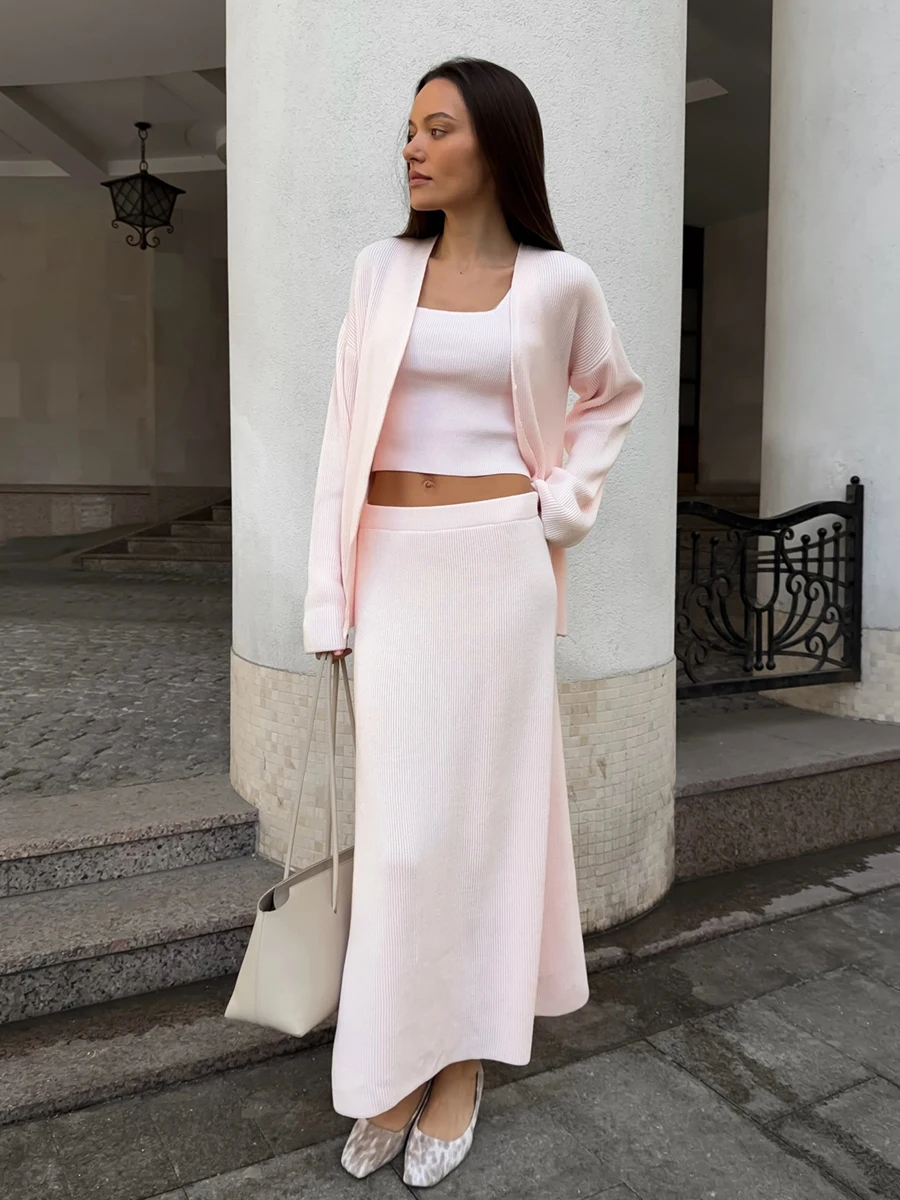 Bornladies Women's Knitted Three Piece Set with Open Collar Long Sleeved Sleeveless Crop Top and High Waisted Long Skirt Set