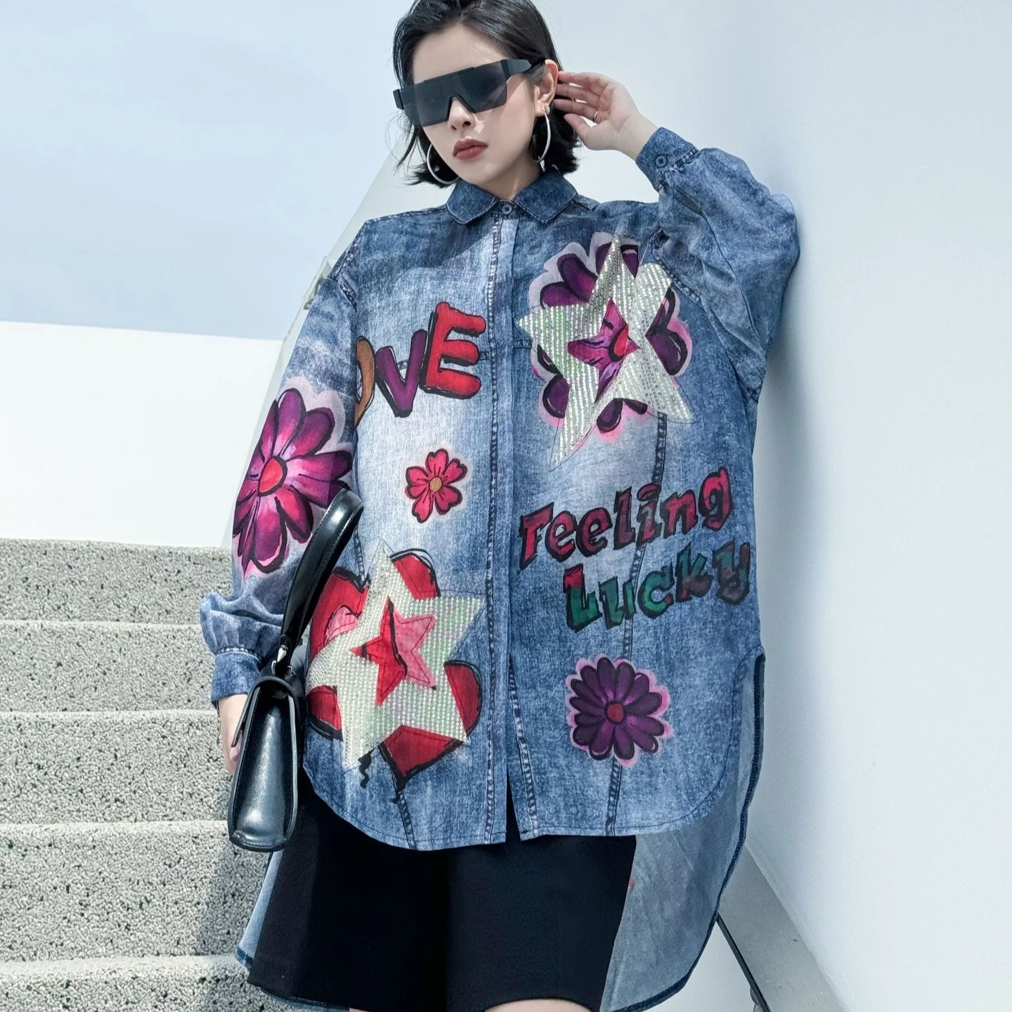 

Retro Woman Flowers Sequin Tie Dye Shirts Contrast Color Floral Printed Irregular Star Rhinestones Chiffon Blouses Cardigan Tops